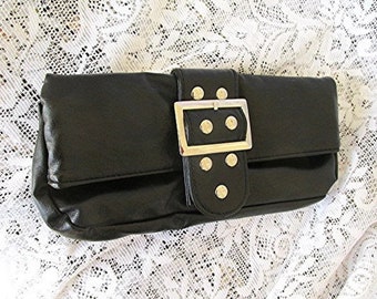 Vintage Black leather look clutch purse bag evening bag buckle studs silver tone vintage fashion 90s.