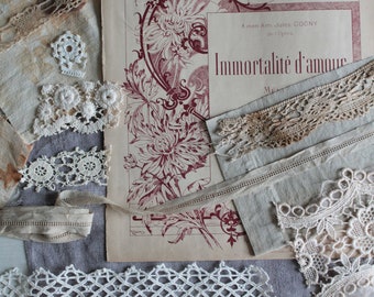 Bundle of fabrics, antique french linens, vintage french fabrics, lace trim, Ribbon, sewing buttons, inspiration bundle, crafting supplies