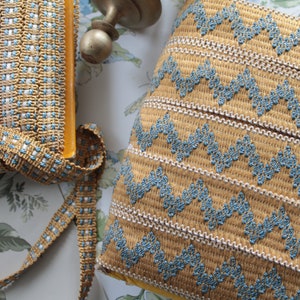 Galon jacquard Vintage jaune et bleu, embrasse à rideaux, galon pour sac, passementerie vintage française, 2401