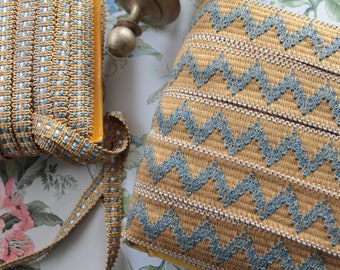Yellow and blue vintage jacquard ribbon, curtain embrace, bag strap, French vintage trimmings, 2401