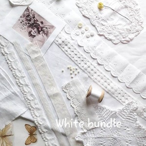 Pack créatif blanc, kit d'inspiration, lot diy, paquet surprise de dentelles, galons, lin, napperons, mouchoir blanc, 2311