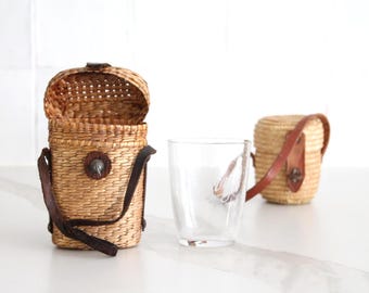 Antique French Spa Glass Basket – Handwoven Wicker Curist Carrier – Vintage Thermal Spa Souvenir – Leather Strap