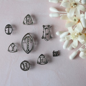 Pode incluir: Uma coleção de oito broches prateados com diferentes letras e designs. Os broches são adornados com pedras pretas e estão dispostos sobre um fundo rosa.