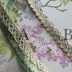Galon vert et jaune de passementerie, galon vintage, bordure abat jour, ornement rideau, galon vert à franges, passementerie française, 2403