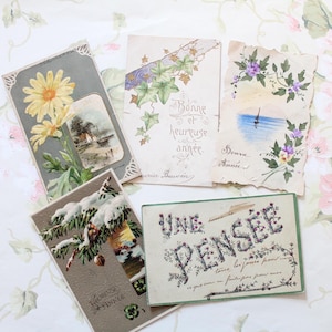 5 Cartes postales anciennes embossées ou peintes à la main, carte pensée, Porte Bonheur ancien, 4575