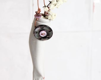 Vase with antique doll's hand and antique mother-of-pearl buttons, decorative gift, hanging vase, unique gift, 4748