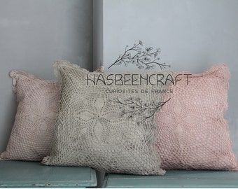 Vintage crocheted vegetable dyed cushion, pink cushions collection, khaki cushion, COUS191878