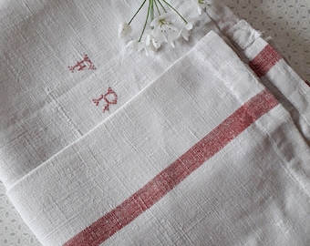 Old linen, Large old French tea towel with red stripe 82x73cm, old table linen, 4292