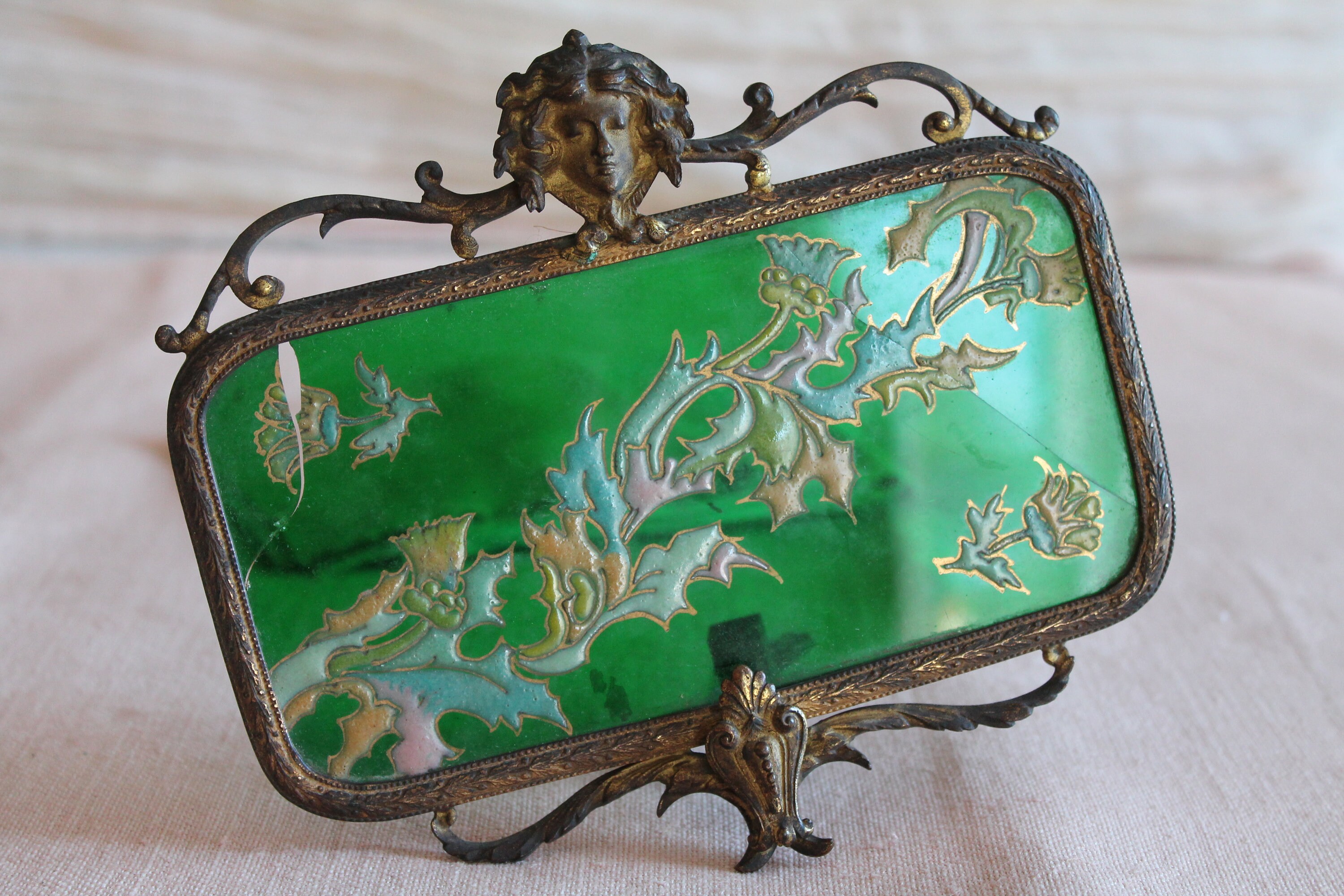 Ecran Ancien Original de France en Bronze, Verre et Émail Cloisonné, 3442