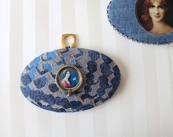 Unique Blue Wall Decor, Antique Portrait Wall Hanging, Handmade Vintage Medallion, Cottagecore Home Decor