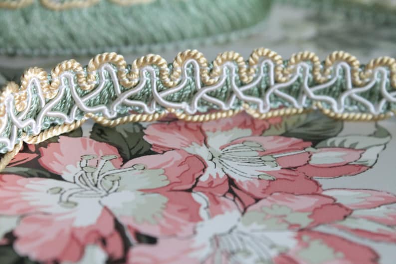 Galon vert et jaune de passementerie, galon vintage, bordure abat jour, ornement rideau, galon vert à franges, passementerie française, 2403 image 10