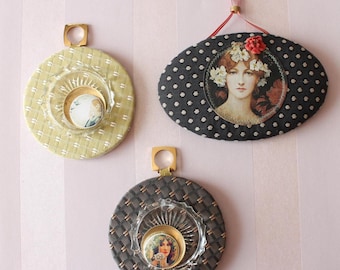 Victorian Wall Decor, Antique Portrait Medallion, Handmade Textile Wall Hanging