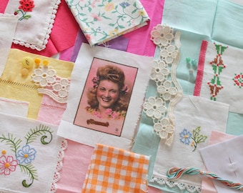 Vintage slow stitch box with French vintage embroideries for slow stitch