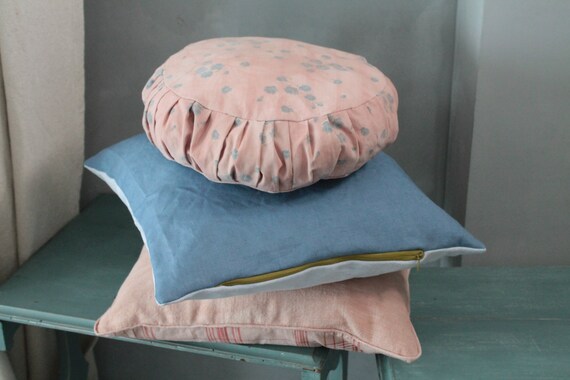 Squared Blue Cushion in Antique French Linen, Vegetable Dye, Hand 
