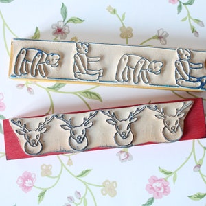 Tampon ancien français frise OURSON, CERF pour scrapbooking, arts textiles, broderie, 4173