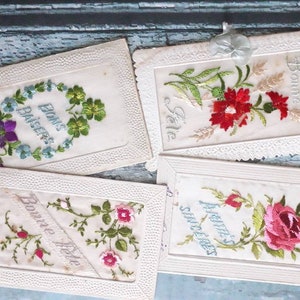 Old embroidered postcard greeting card 1920, happy birthday card, embroidered French card, 3575