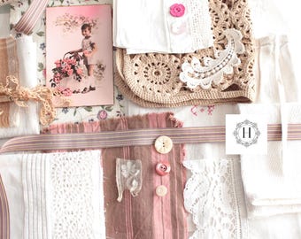 Bundle of fabrics, antique french linens, vintage french fabrics, lace trim, Ribbon, inspiration bundle, crafting supplies, sewing kit