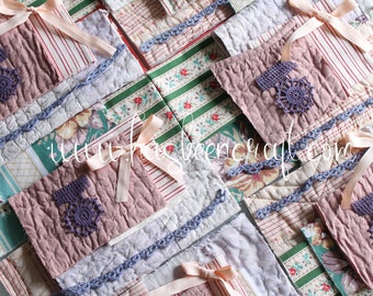 French vintage floral fabrics, floral quilt, quilting fabric, floral striped fabric, pink ribbon, purple dyed lace, 3295