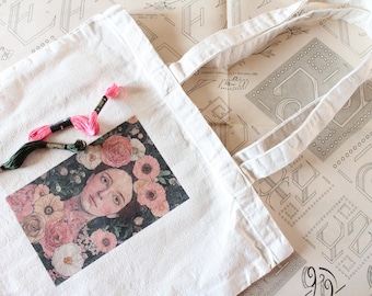 Cotton tote bag with image transfer for embroidery, embroidery pattern and vintage monogram, DMC cotton skeins, 4858