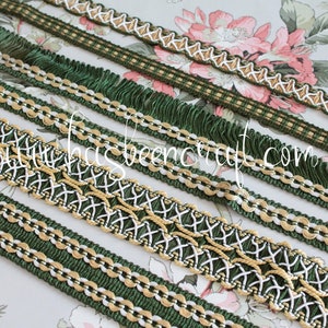 Galon de passementerie vert foncé, jaune et ivoire, bordure d'abat jour,ornement rideau,galon vert à franges,passementerie française,2430