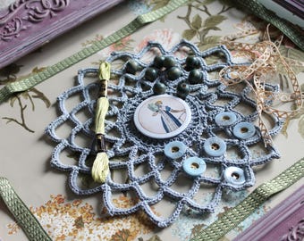 Creative embroidery kit on old doily dyed in natural vegetable dye, with blue DMC thread and blue flowers badge, Christmas gift, 3578