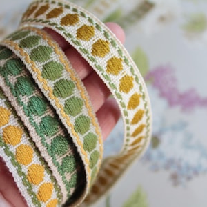 Pode incluir: Close-up de fita decorativa com um padrão repetitivo de círculos amarelos e verdes. A fita é tecida com um fundo creme e provavelmente é usada para artesanato, costura ou enfeites. A fita é segurada em uma mão.