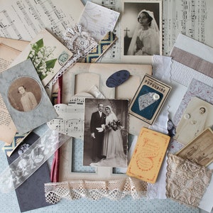 Art journal fournitures : dentelle ancienne, boutons anciens, photo, partition de musique, papier peint vintage...4112