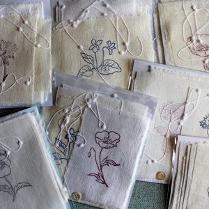 9 Linen vignettes stamped with old flowers to embroider, patchwork, vignette for slowstitch, flower to embroider, 3327