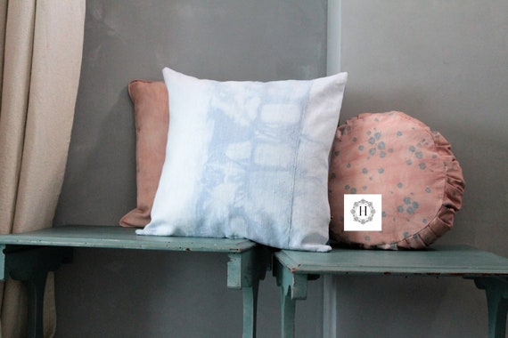 Squared Blue Cushion in Antique French Linen, Vegetable Dye, Hand 