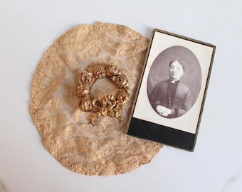 Lot of French antiques including a CDV photo doily and a bronze ornament/flower wreath