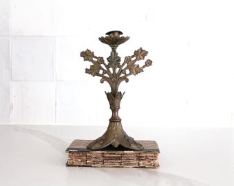 Antique French Spelter Candlestick, Art Nouveau Floral Candle Holder, Vintage French Table Decor, Romantic Brass Look Candlestick