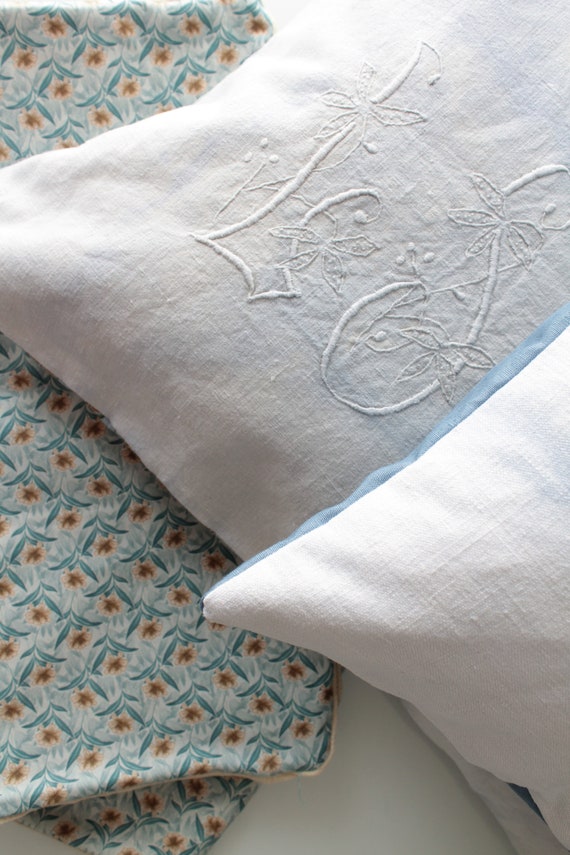 BLUE Cushion in Antique French Linen, Vegetable Dye, Hand-dyed 