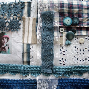 Bundle of fabrics with antique french linens, lace trim, Ribbon, sewing buttons,