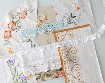 French Vintage Embroidery Bundle, Antique Linen & Lace,Slow Stitch Kit, Textile Art Supplies,Junk Journal Fabric, Hand Embroidered Linen