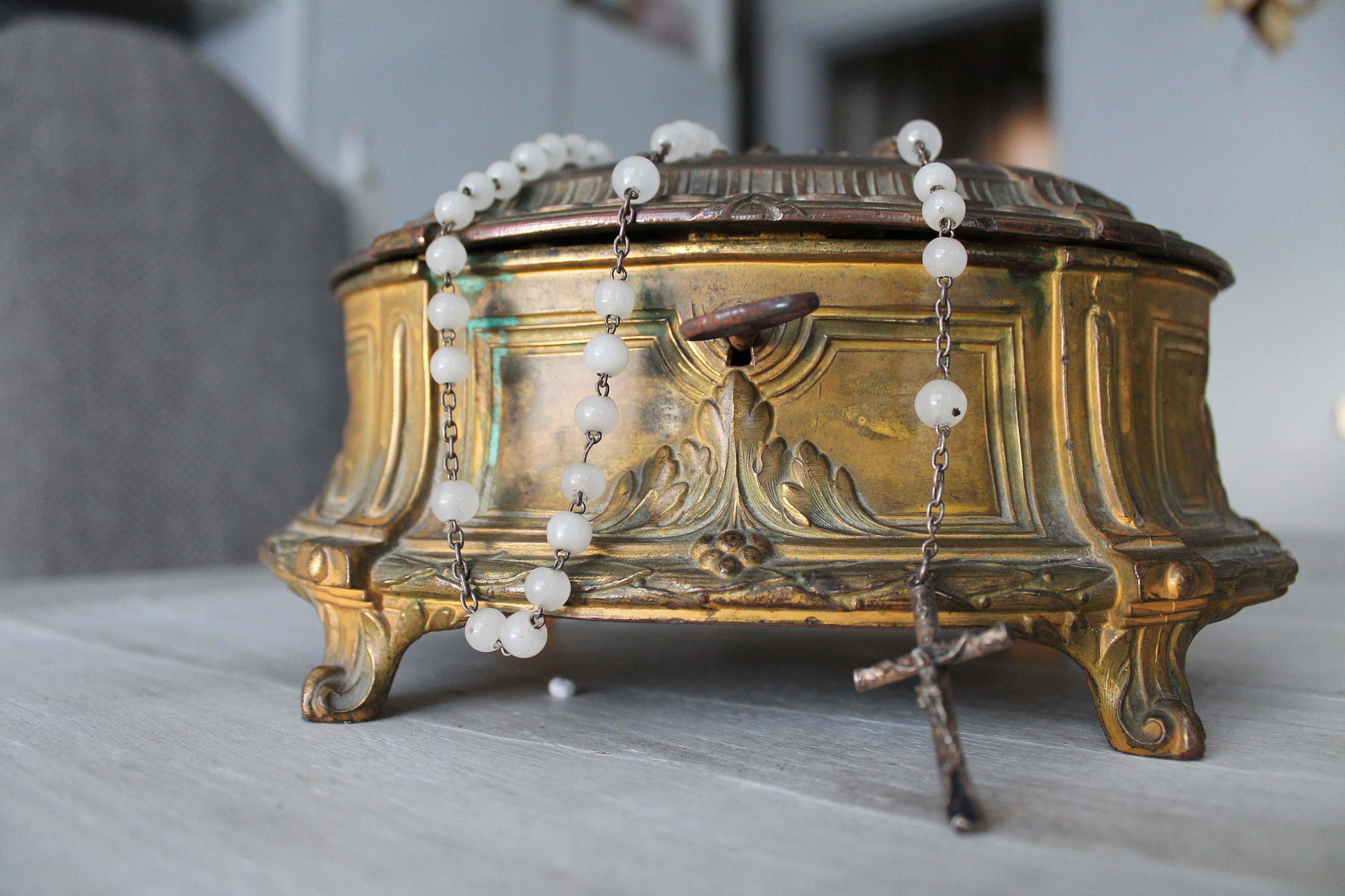 Chapelet Français Ancien en Argent et Perles de Briare, Chapelet Blanches, Collier Religieux avec Ch