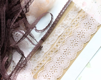 French lace in light pink color with flowers, flower garland, 3217