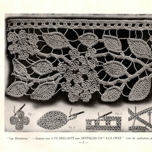 May include: A black and white image of a crocheted lace pattern with a floral design. The pattern is called "Les Hortensias" and is made with "FIL BRILLANTÉ" thread for "DENTELLES C-B" lace. The image includes four diagrams showing how to crochet the pattern.