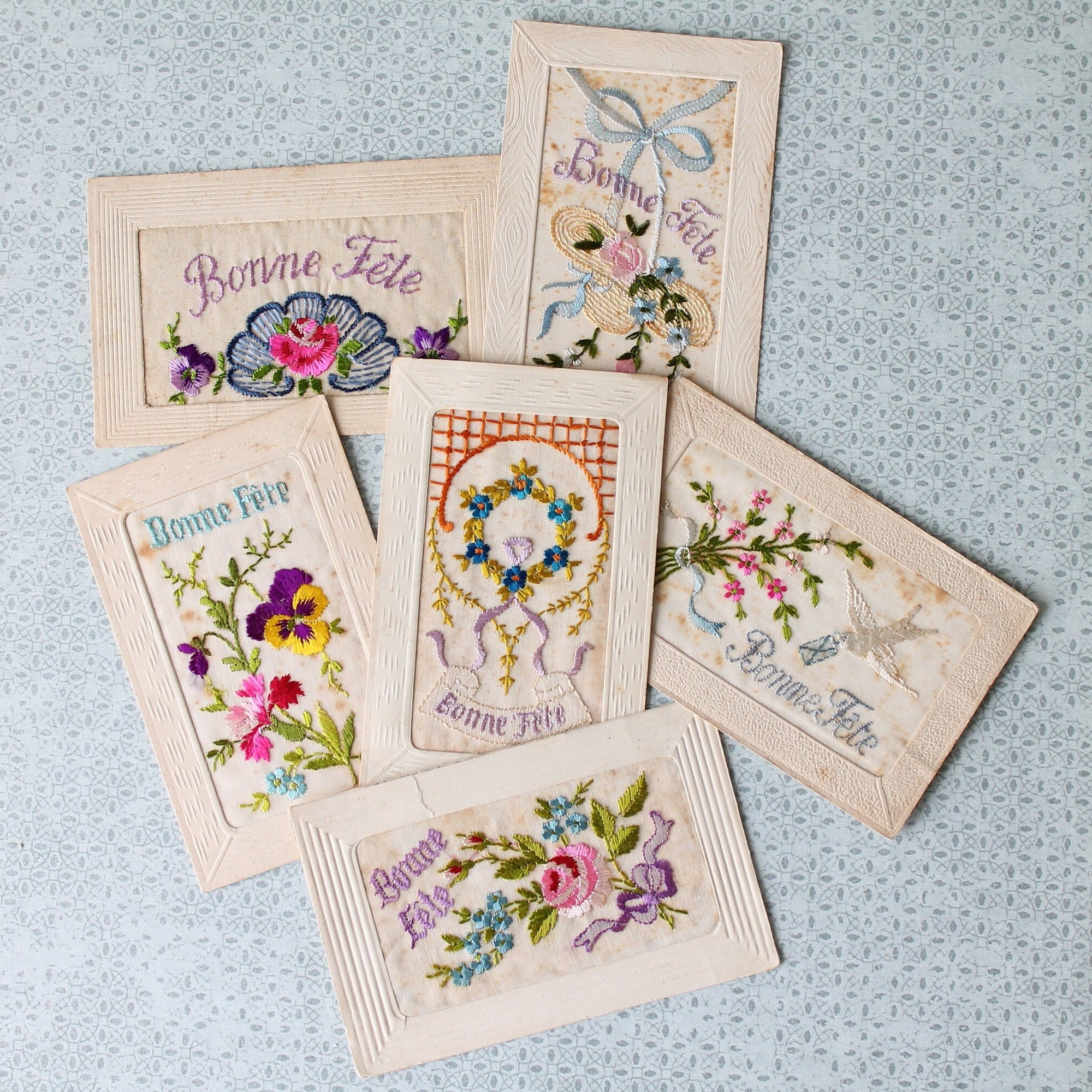 Greeting cards for moms, 1920' embroidered greeting card, French hand embroidered old postcard, old embroidery, old unique gift for her,4114