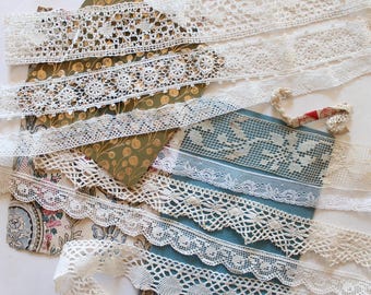Antique French Lace Bundle 5 Meters Vintage Cotton Linen Lace Trim, Doll Making, Wedding Decor, Slow Stitching, Junk Journal Supplies