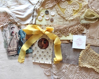 Creative kit of old French linens in natural plant dye, with fashion illustration and vintage lace, for textile arts, journaling, 4974