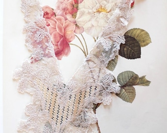 Vintage Embroidered Beige Collar for Women, French Antique Lace Collar, Tulle Embroidery Appliqué, Upcycling Fashion Accessory,