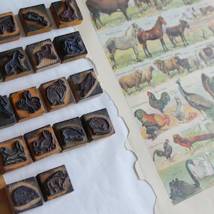 Antiguo sello ANIMALES en madera y caucho, sello diminuto de animales de granja, animales en miniatura, 3354