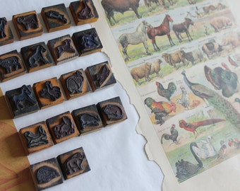 Tampon ancien ANIMAUX en bois et gomme, minuscule tampon animal de la ferme, miniature animaux, 3354