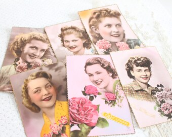 6 Postales retro 1950 Francia, Fotografía de retrato de mujer, Retrato femenino, colección de postales, 4318