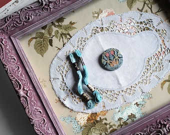Creative embroidery kit on old doily dyed in natural vegetable dye, with blue DMC thread and blue flowers badge, Christmas gift, 3578