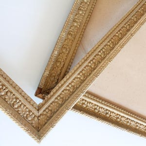 Può includere: Due cornici rettangolari con finitura oro metallizzato e un motivo floreale in rilievo lungo i bordi. Le cornici sono posizionate ad angolo, sovrapposte l'una all'altra, e presentano un materiale di supporto beige chiaro all'interno.
