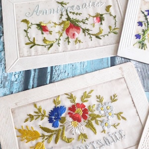 Carte anniversaire ancienne brodée, Carte postale ancienne française brodée à la main, broderie ancienne, cadeau unique pour elle, 4058