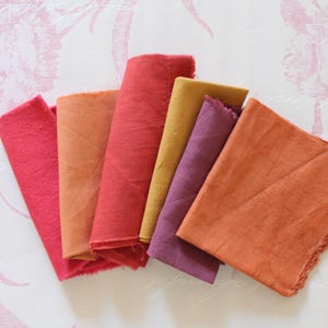 Peut inclure: Six échantillons de tissu dans différentes nuances de rouge, orange et violet. Les échantillons sont disposés en éventail, la teinte la plus claire en haut et la teinte la plus foncée en bas.