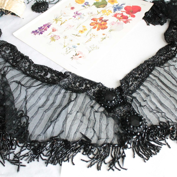 Foulard en perles de jais noires, garniture en jais, foulard de luxe, foulard ancien en perles, broderie ancienne de perle