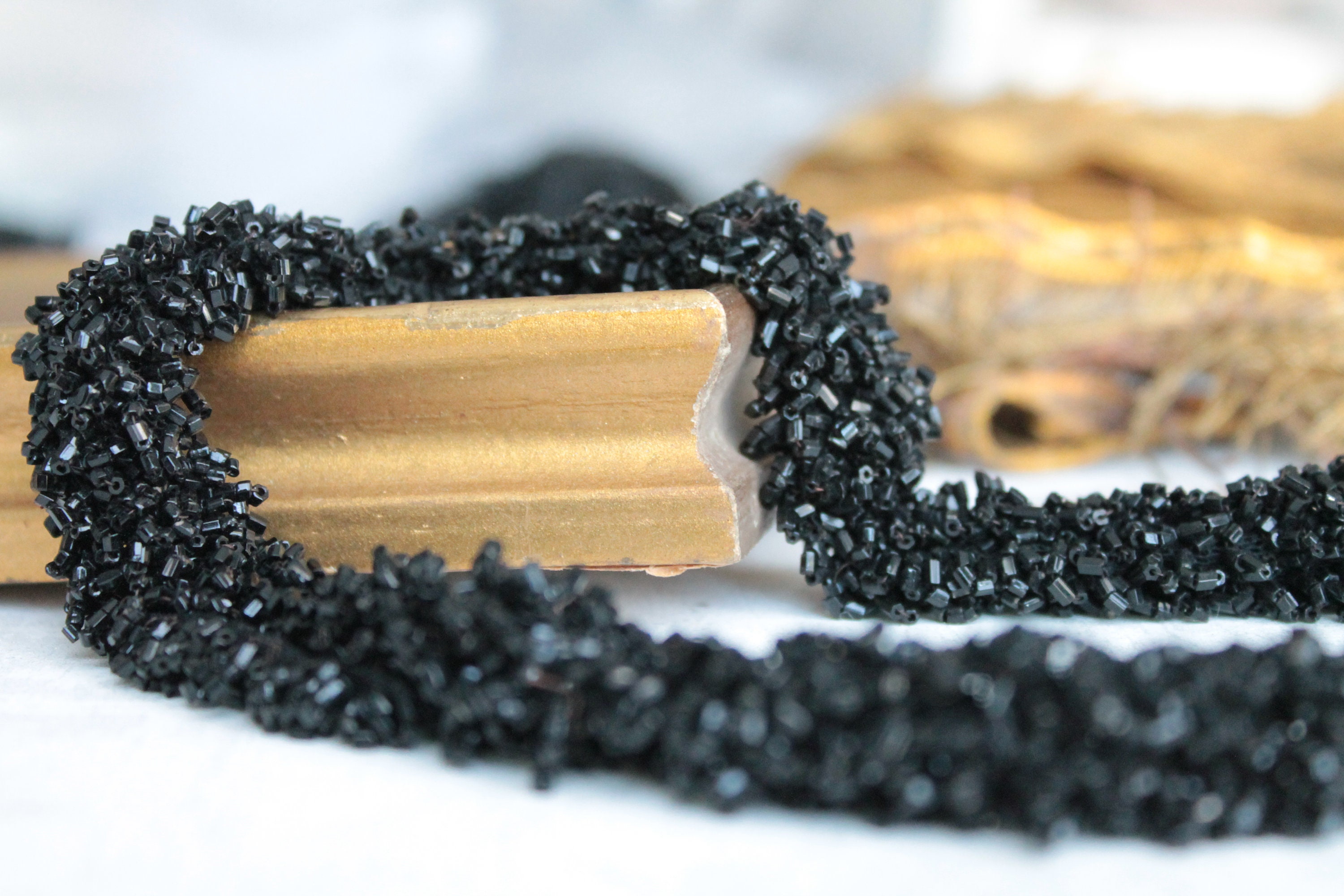 Jet bead stripe, black stripe, beaded embroidery, antique black beads